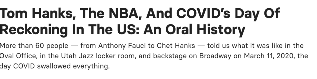 Headline from a BuzzFeed article recollecting March 11, 2020 when the pandemic was announced. Major events on that day include Tom Hanks's diagnosis and that the NBA suspended play 